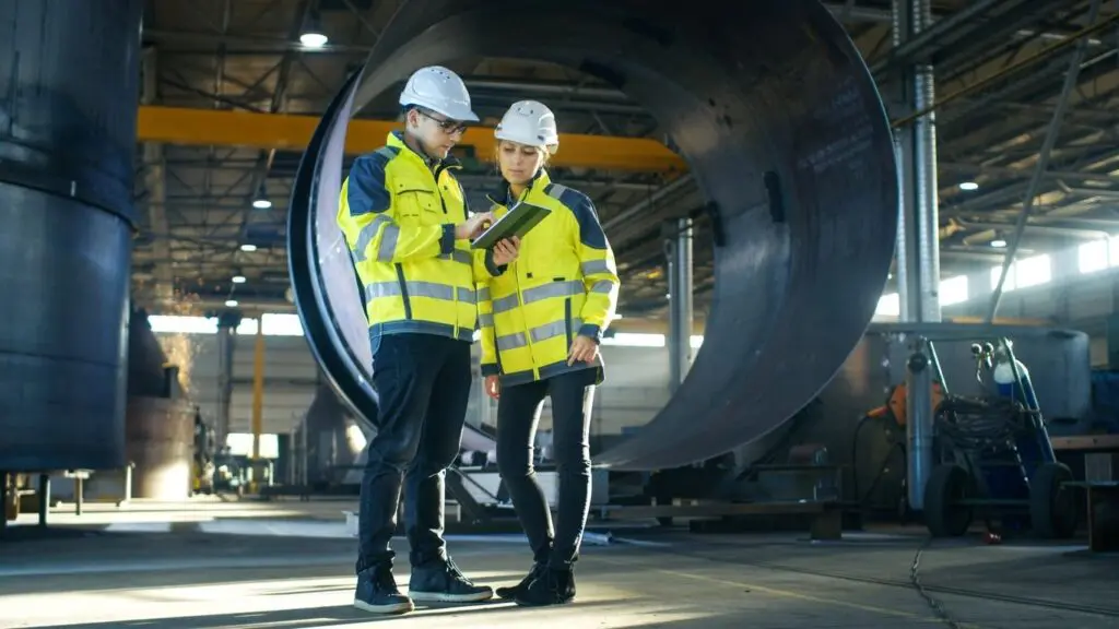 Male and female industry worker discussing while standing